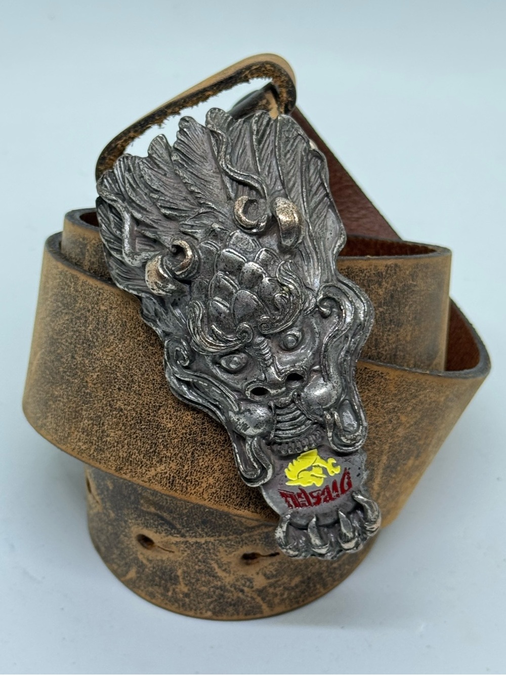 Diesel Distressed Brown Leather Belt with Dragon Buckle Wide Size 95